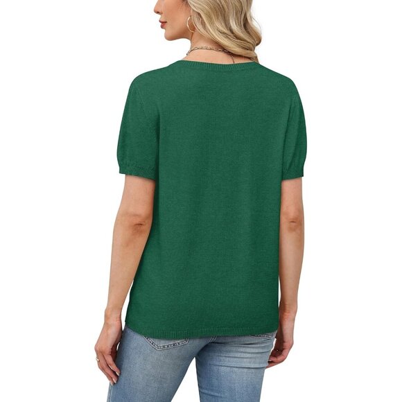 Women Short Sleeve Green Sweater Round Neck Summer Work Beach Vacation Top - Picture 5 of 5